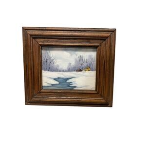 Vintage Small Signed Snowy Landscape Cabins on River PAINTING 7x8